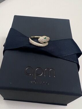 APM Monaco Pave Snake Wrap Ring with Green Stone Eyes